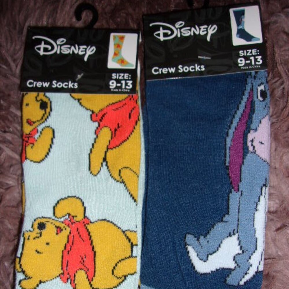 Bundle of Disney \ Crew Socks with Eeyore and Winnie the‎ Pooh New 9-13